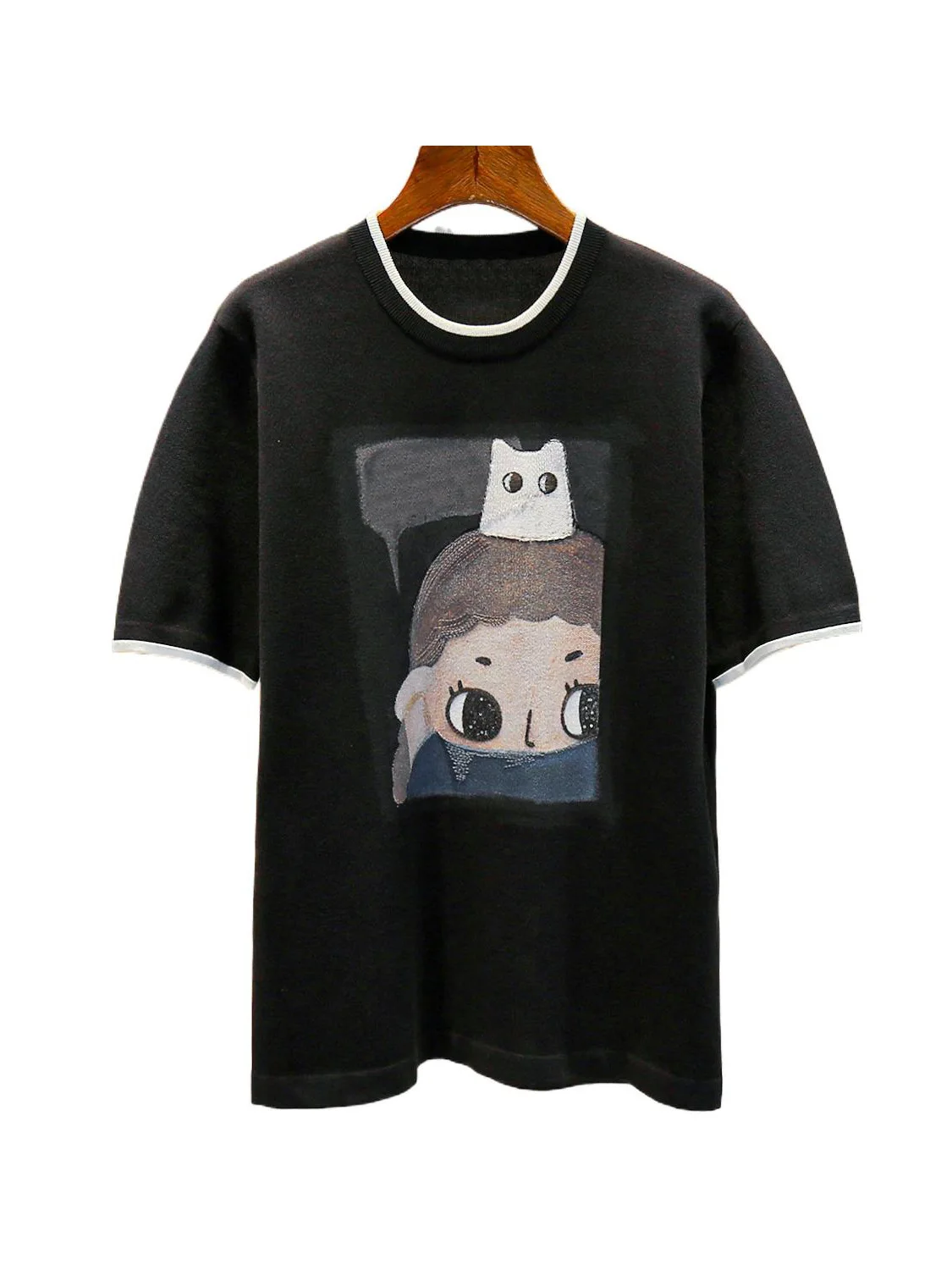 Casualหลวมถักเสื้อยืดผู้หญิงพรีเมี่ยมฤดูร้อน 2025 ปักลูกปัดเดินทางSleรอบNe Ort Sve Irt