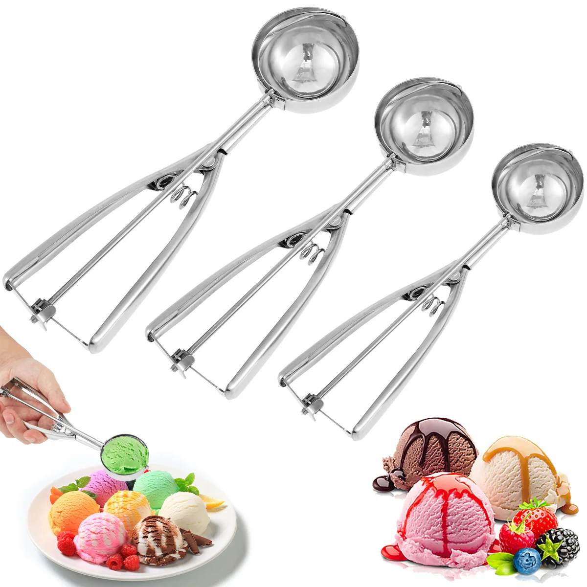 3pcs Ice Cream Ball Scoop Cheese Balls Meatballs Cookie Scooper for Home Kitchen Dough Fruit Dessert Shop Baking Spherical Food