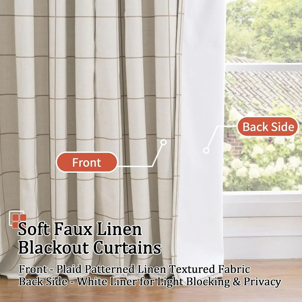 Cortinas blackout de linho de 90 polegadas com padrão xadrez Boho para sala de estar, cortinas com ilhós de 2 painéis de 52 x 90 polegadas