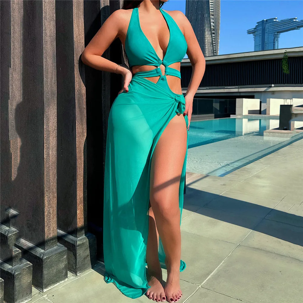 

Зеленый Холтер с открытой спиной, однотонный купальник, цельный купальник, женский купальник 2025 года, сетчатое накидка, металлическое кольцо, Монокини с вырезами, купальный костюм