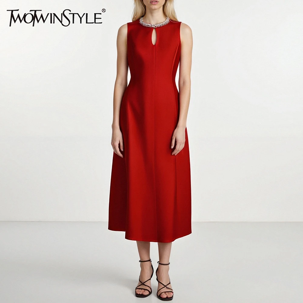 

TWOTWINSTYLE Solid Hollow Out Spliced Bead Elegant Dresses for Women Round Neck Sleeveless Tunic Fashion Dress Female Clothing