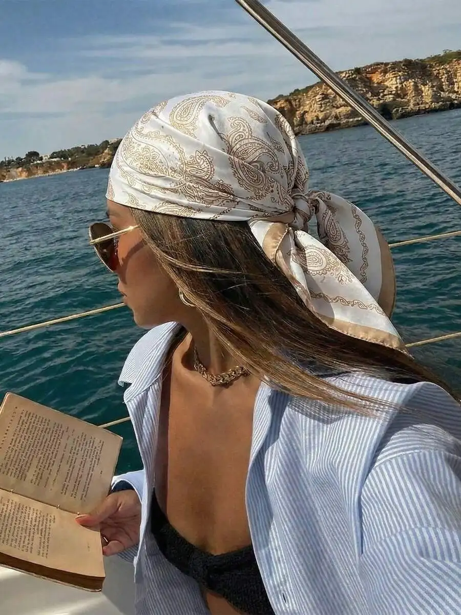 

1pc Bohemian Style Square Silk Satin Printed Scarf,Can Be Used Hairband, Shawl,Suitable For Casual, Vacation, Party Wear, Perfec