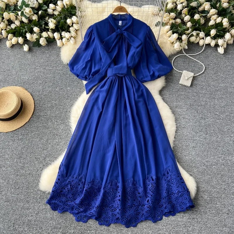 Luxury Retro Short Lantern Sleeves Dresses Women High Waist Belt A-line Lace Big Swing Robe Bow Tie Stand Collar Vestidos Mujer