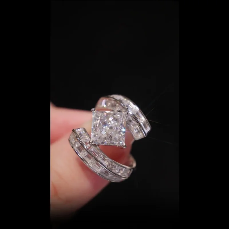 벨룩스 925 실버 금도금 합성 지르콘 화이트 스퀘어 다이아몬드 아이스 컷 꽃, 4 발톱 심플 링