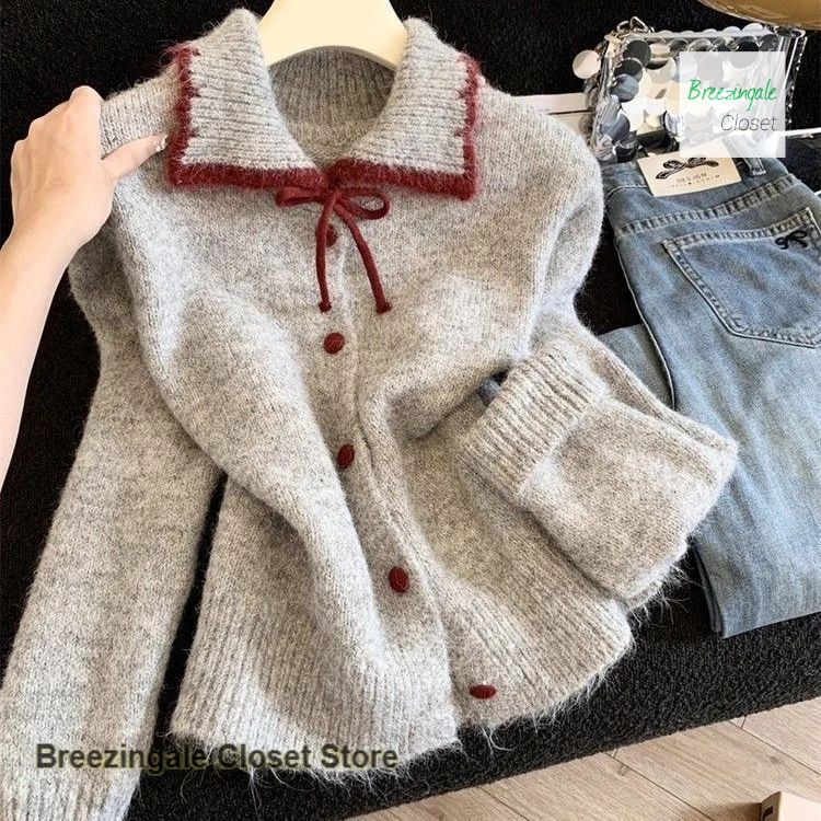 

French style contrast lapel single-breasted long-sleeved sweater women's bow Joker sweater autumn and winter western-style top.