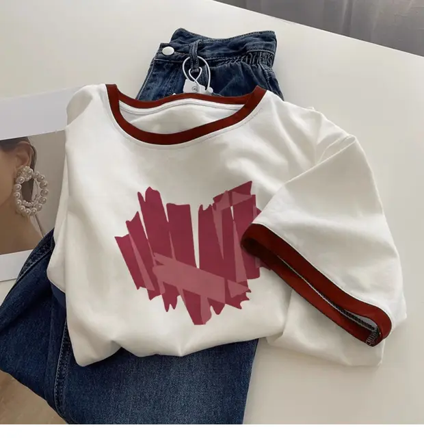 Amerykański Retro czysta bawełna T-shirt z krótkim rękawem damska lato nowy okrągły dekolt z krótkim rękawem białe splatanie kolory modna koszulka