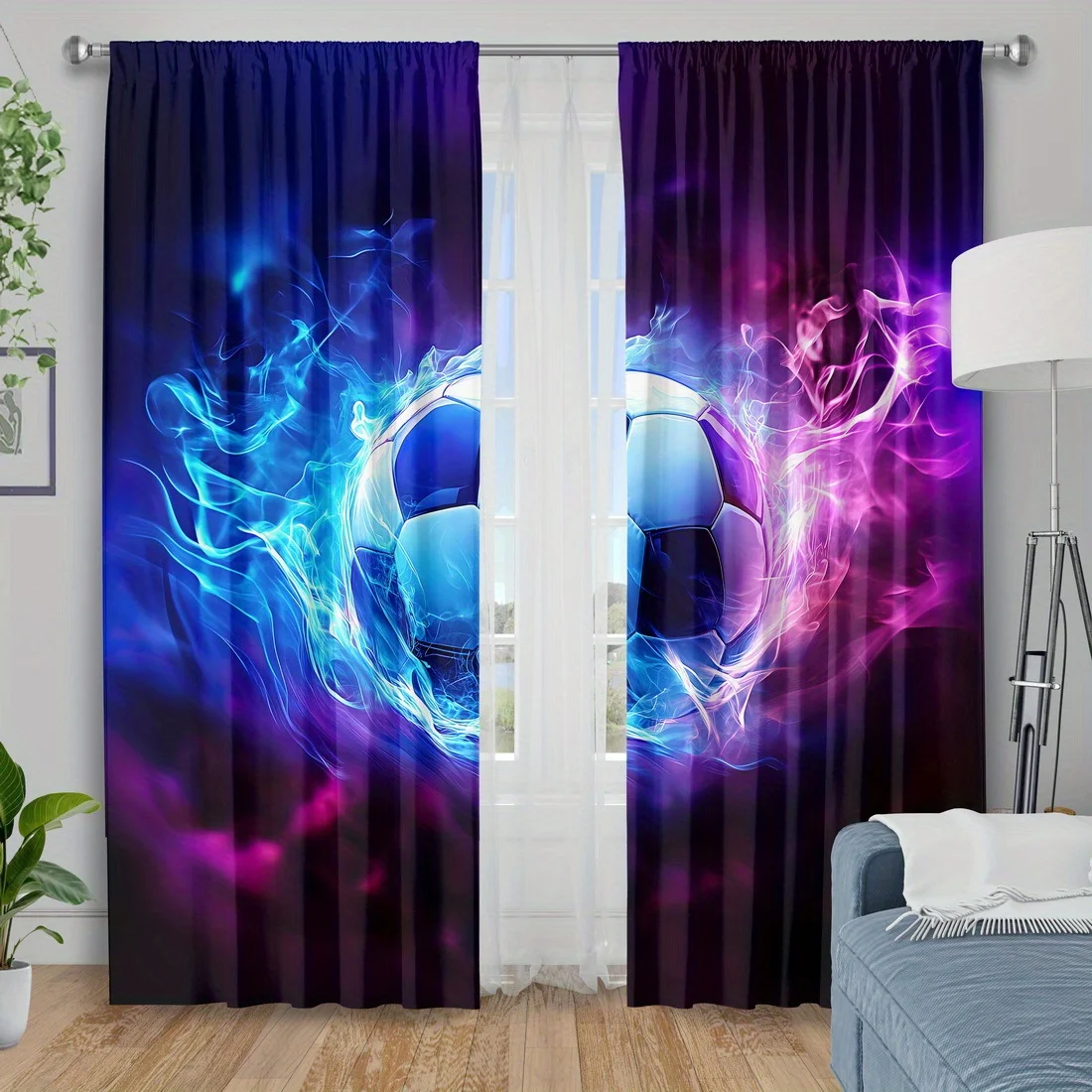 Dramatic Blue Purple Abstract Soccer Football Curtain Drapes Modern Glow Sports Theme Window Treatment for Living Room Bedroom