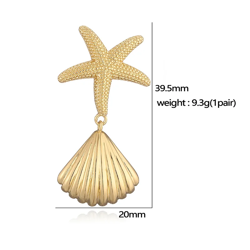 HECHENG, Shell Textured Starfish Metal 18K Gold Plated Earrings Summer Beach Holiday Glamour Jewellery Holiday Summer Jewellery