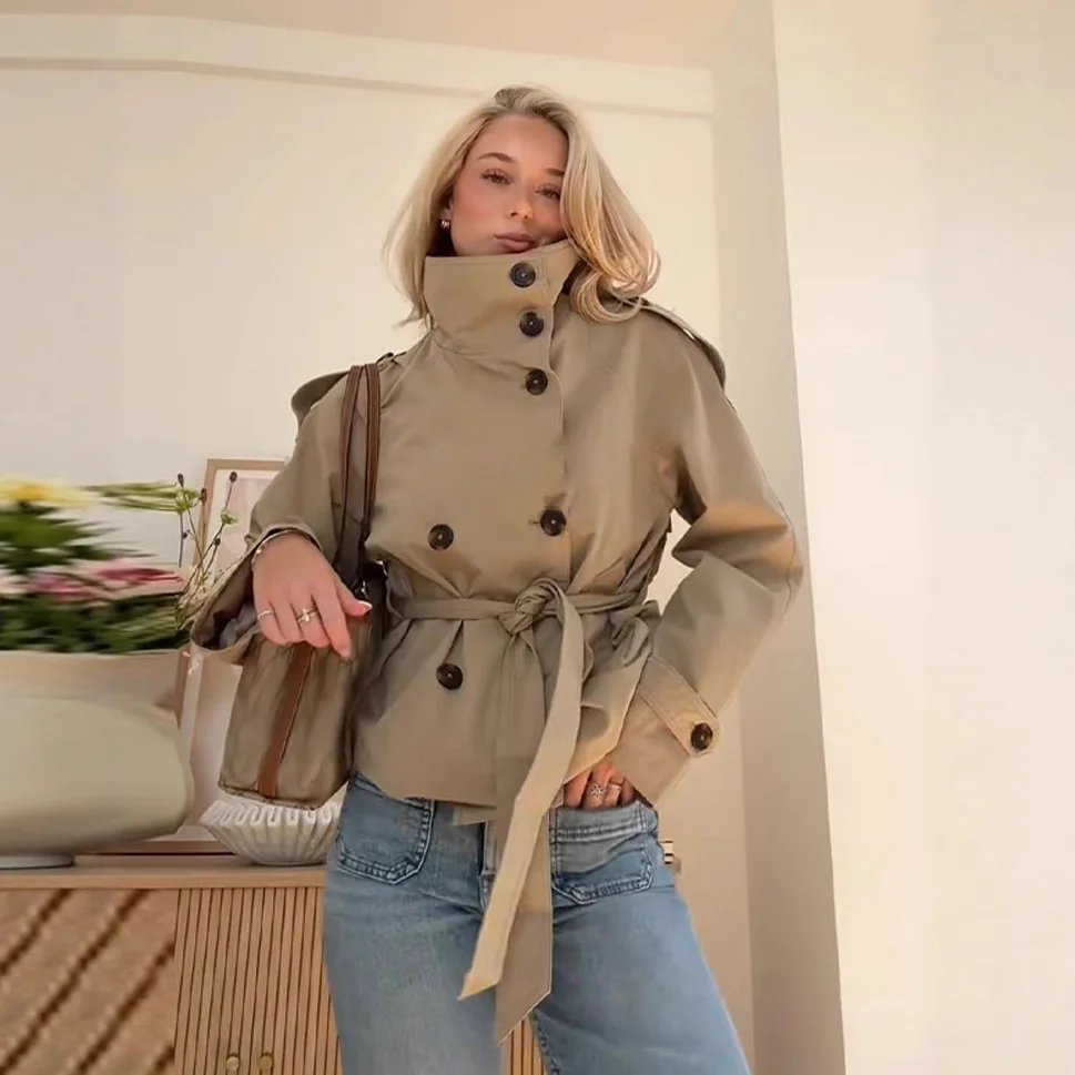 New Women's Solid Color Trench Coat Stand Collar Double Breasted Waist Tie Elegant Commuter Casual Loose Comfortable Warm Outfit