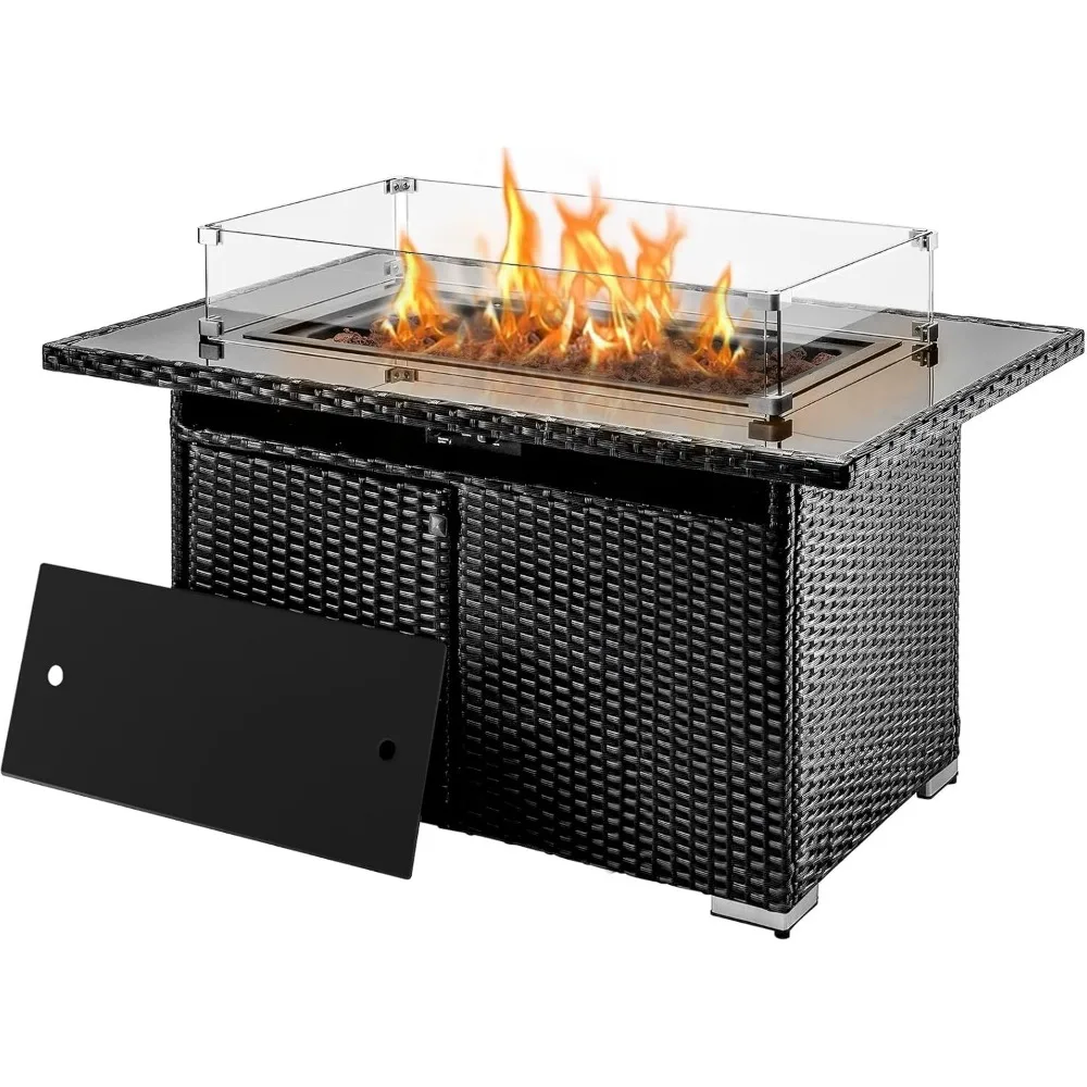 

44in Fire Pit Table with Glass Wind Guard, Propane Fire Pit with Tempered Glass Tabletop, Firepit Lid & Cover for Patio