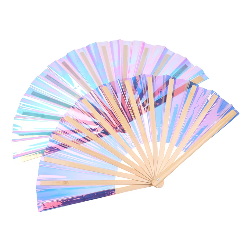 1PC PVC Tai Chi Fan 33cm Bamboo Fan Laser Kung Fu Folding Fan Craft Gifts Stage Performance Dance Party Photography Props Fan