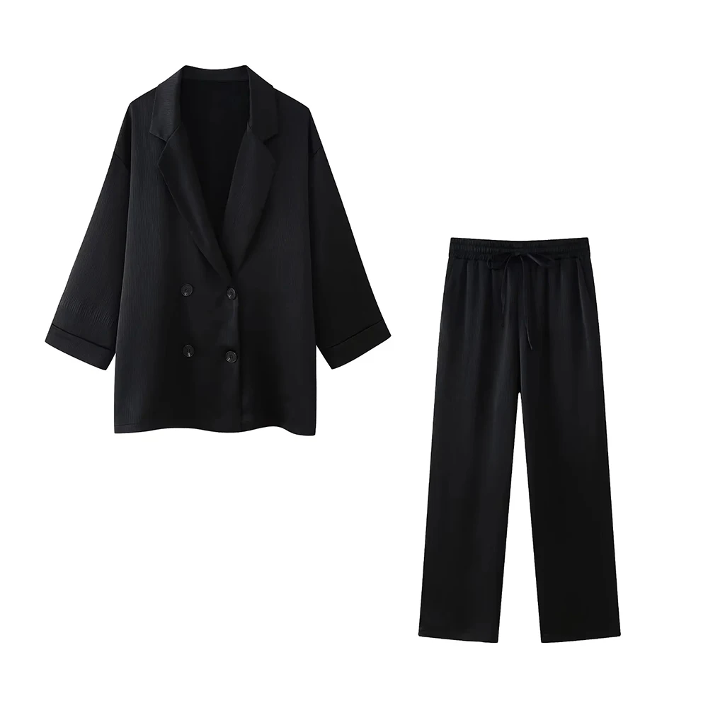 Losse blazerjas met dubbele rij knopen en broek met hoge elastische taille en wijde pijpen, vrouwelijke tweedelige sets, mode