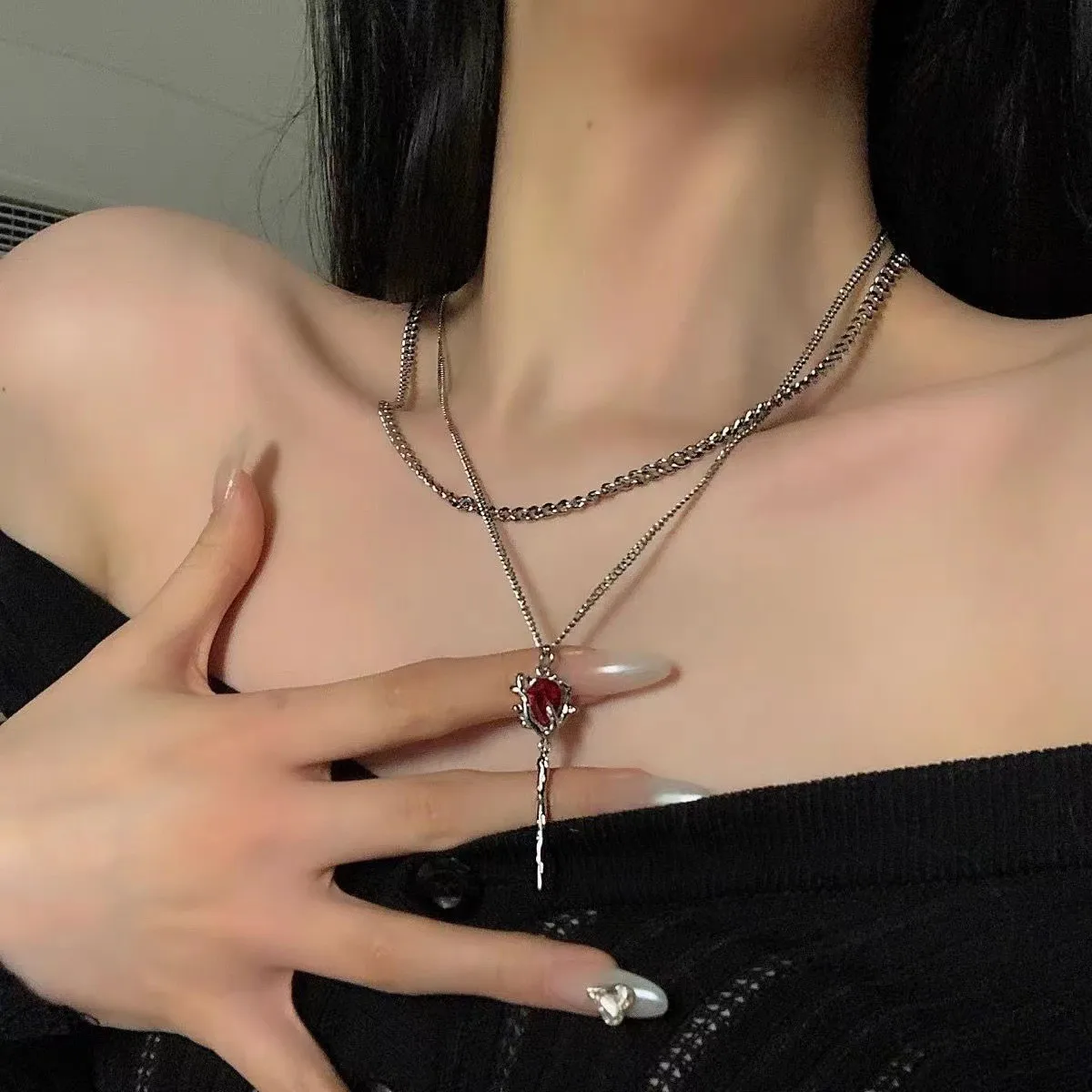 Double Layer Red Zircon Rose Necklaces Y2K Layered Flower Stone Chain Necklace Irregular Floral Aesthetic Jewelry Gifts ﻿