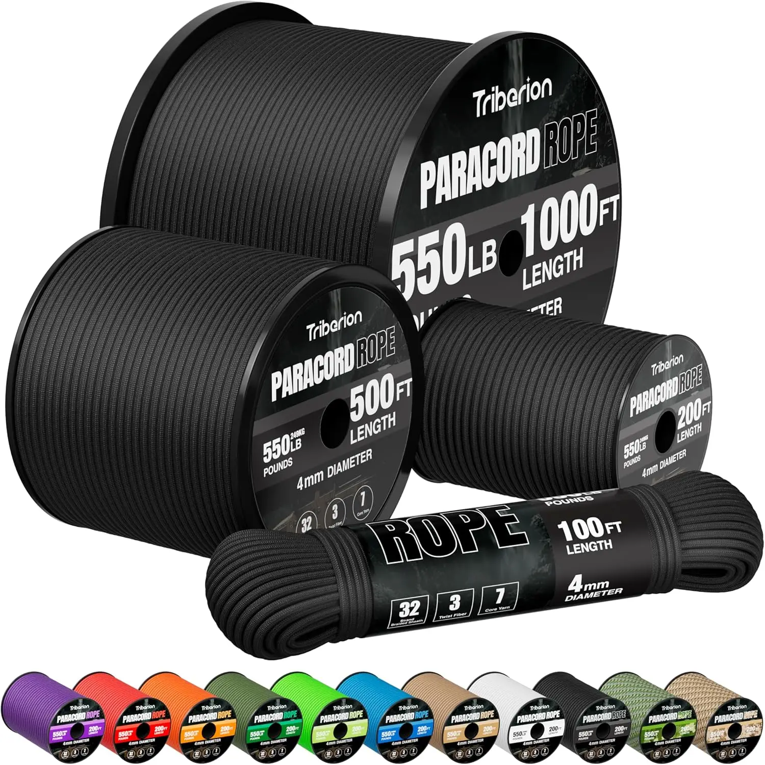 550lb Paracord 100ft 5/32" Heavy Duty Survival Rope for Camping, DIY Crafts, Outdoor Gear - Black