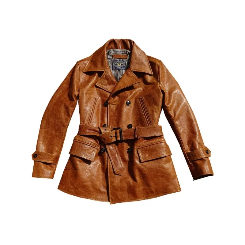 Foal First Layer Genuine Leather Double Breasted Waist Tight Mid Length Windbreaker Motorcycle Jacket With Whip Marks Texture