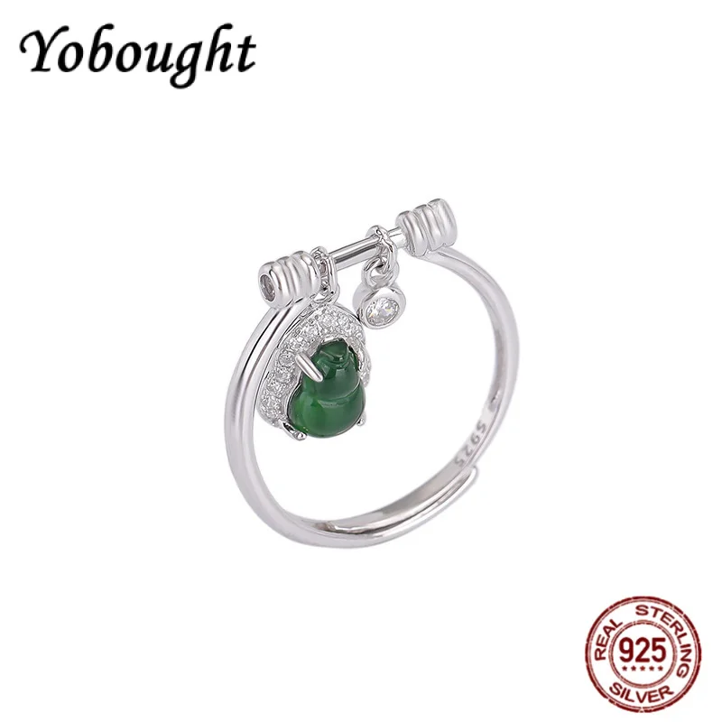 

S925 Pure Silver Natural Burmese Jade Jewelry Retro Original Design Fulu Gourd Tassel Ring For Women