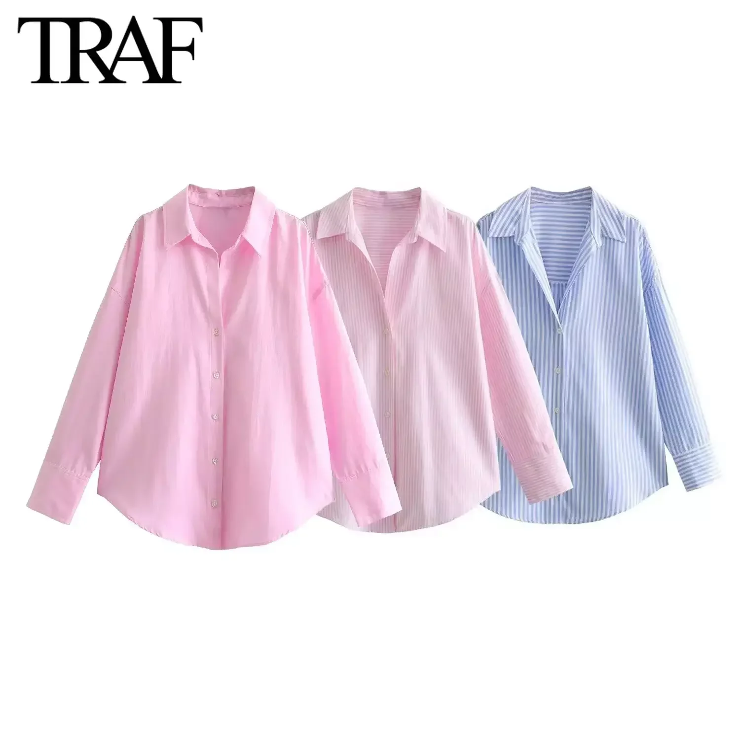 TRAF Women Fashion Long Sleeve Single-breasted Lapel Cotton Oxford Blouse Street Clothing Shirt Chic Ladies Crop Tops Mujer