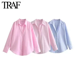 TRAF Women Fashion Long Sleeve Single-breasted Lapel Cotton Oxford Blouse Street Clothing Shirt Chic Ladies Crop Tops Mujer