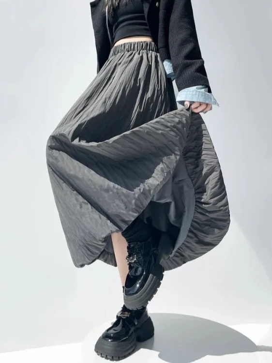 Thickened Cotton Half Skirt Women's Autumn Winter New Elastic High Waist Midi A-Line Fluffy Flower Umbrella Skirt Commute Style