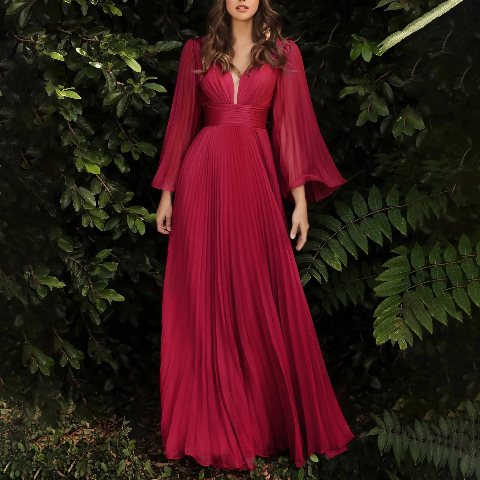 Elegante vestido plissado tamanho grande para mulheres, roupa monocromática com gola V, veste longa de luxo para jantar e festa noturna, primavera, 2022