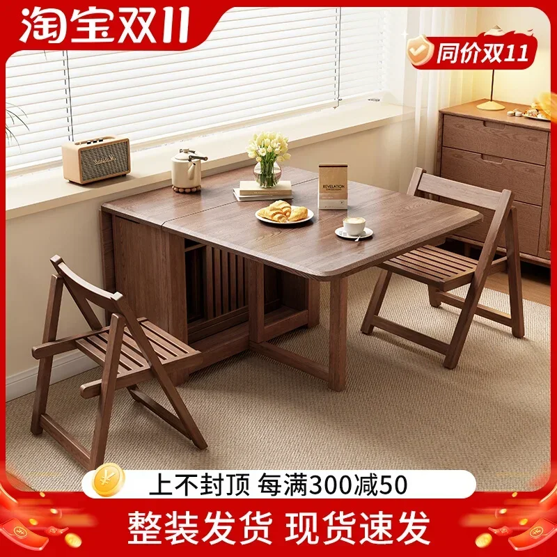 Solid wood folding dining table household small apartment dining table rectangular dining table and chairs can be folded