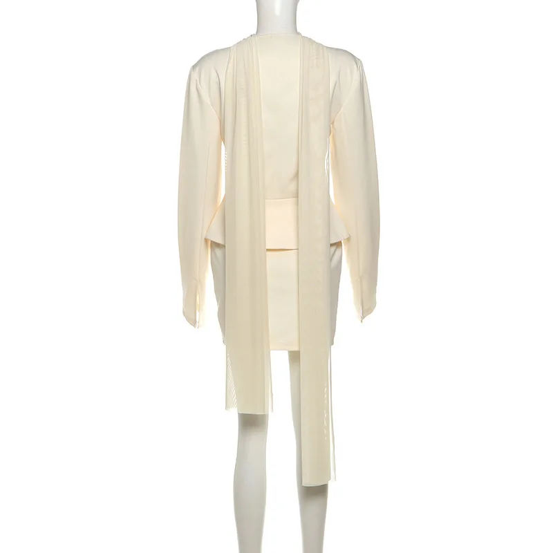 الصلبة أنيقة مكتب سيدة 3 قطعة مجموعة شبكة وشاح الخامس الرقبة طويلة الأكمام واحدة الصدر القمم + التنانير قلم رصاص صغير 2025 الخريف الدعاوى