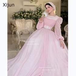 Xijun Modest Pink Chiffon Evening Dresses Muslim Beads Crystal Prom Dresses A-Line Square Collar Long Prom Gowns 2025 Customized