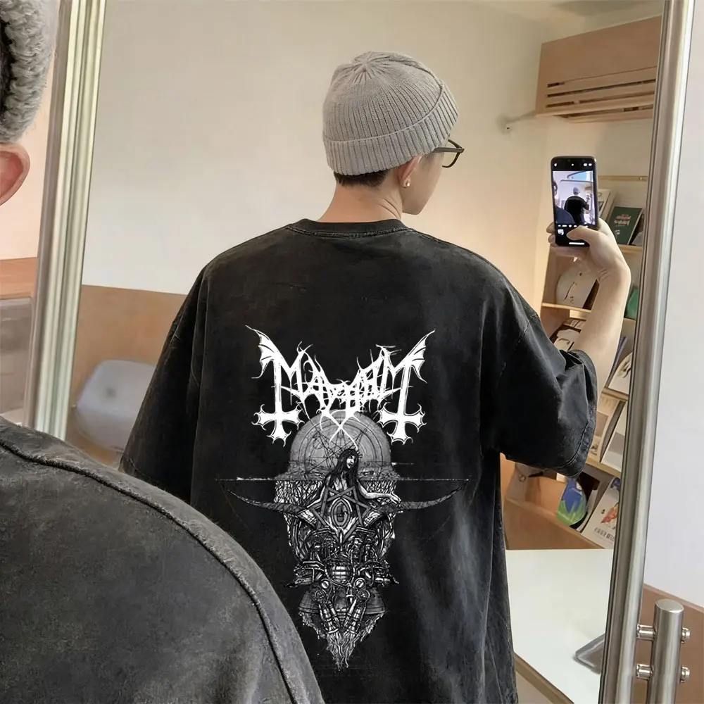 

Washed Vintage Rock Band Mayhem T Shirt Men Women Clothing Death Black Metal Style T Shirts Men's Gothic Punk Oversized T-shirts