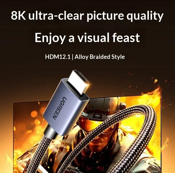 UGREEN 25911 HDMI 2.1 Cable 3m HD171 8K 60Hz Braided Male to Male with Aluminum Shell for TV Monitor Laptop Projector