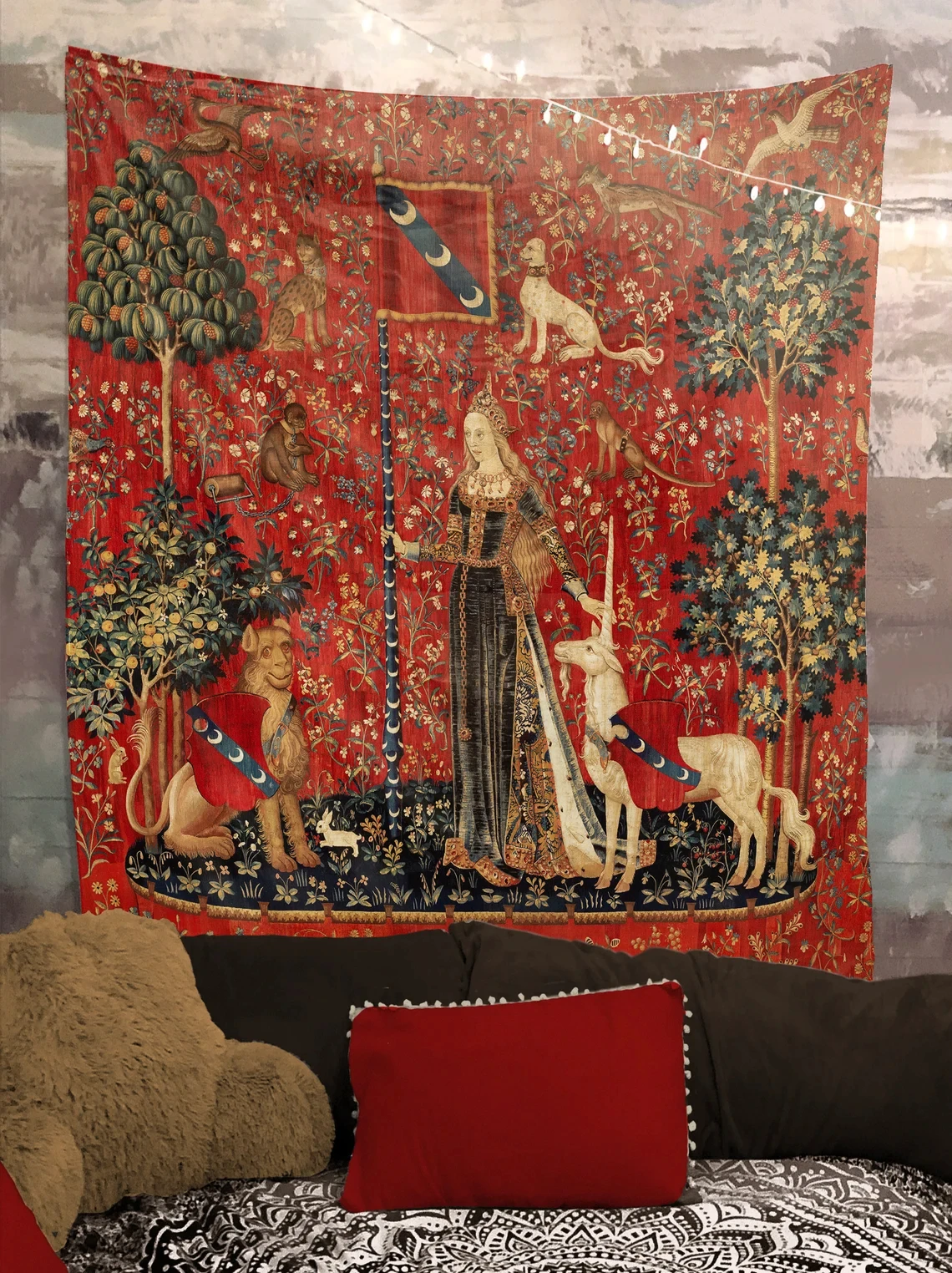 Tapiz estampado "Dama con unicornio" - Toque - Reproducción de arte medieval clásico para añadir elegancia atemporal a las paredes del hogar