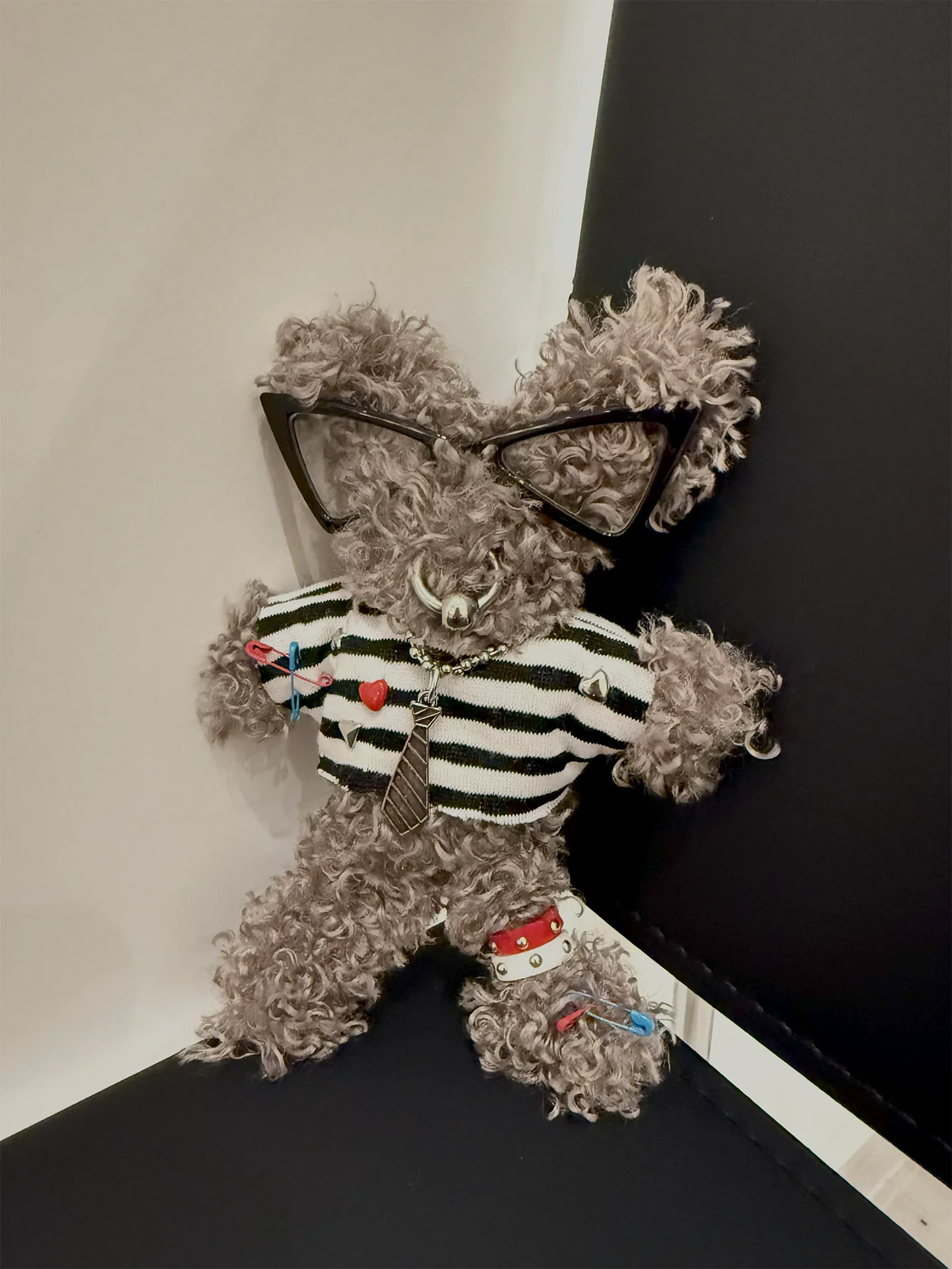 

KUROUTAYA Plush Bear Toy Pendant Handmade Neon Punk Series Rock Style Curly Fur With Glasses Striped Outfit For Trend Fans