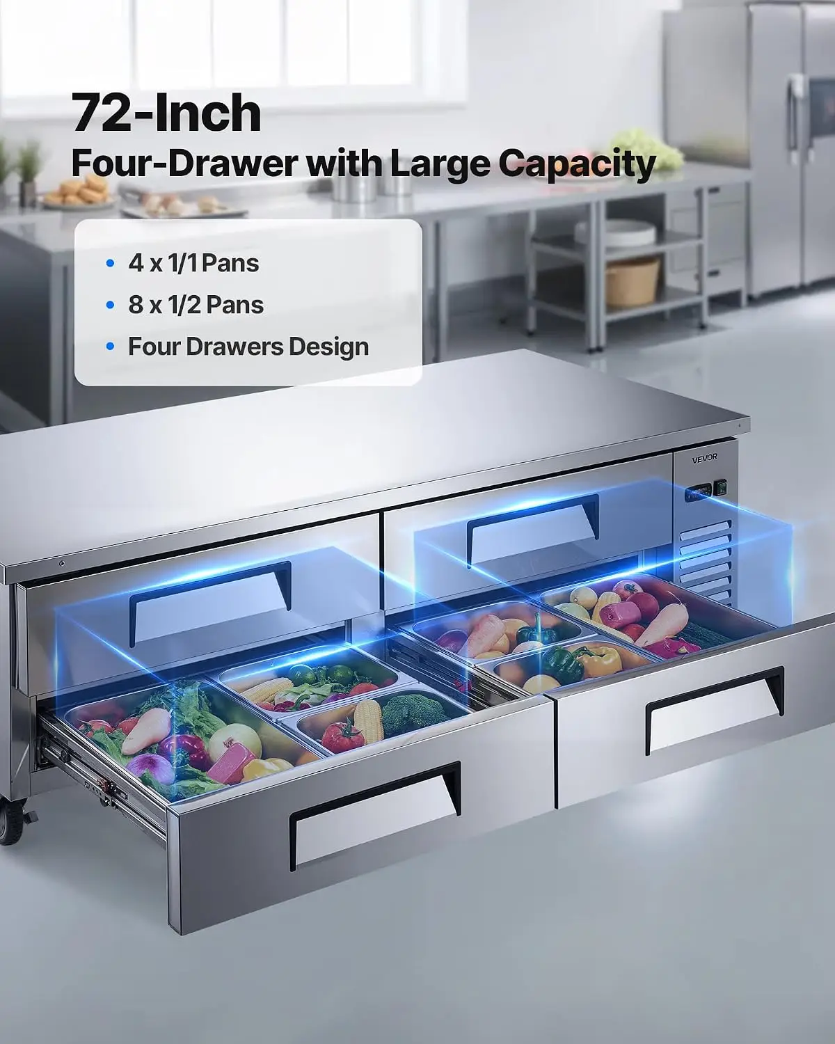 72 in Chef Base Refrigerator, 4-Drawer Worktop Fridge, 12 Pans