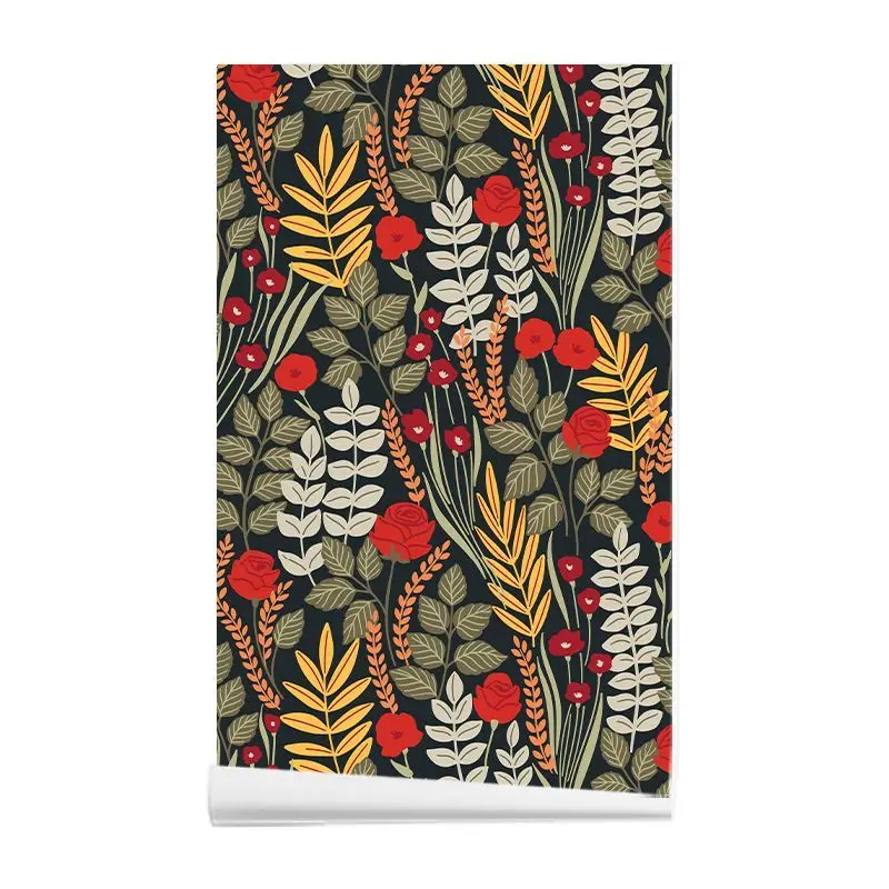 Peel and Stick Floral Wallpaper Red Rose Botanical Leaf Print Wall Sticker Vinyl Wall Covering for Bedroom Nursery Home Decor