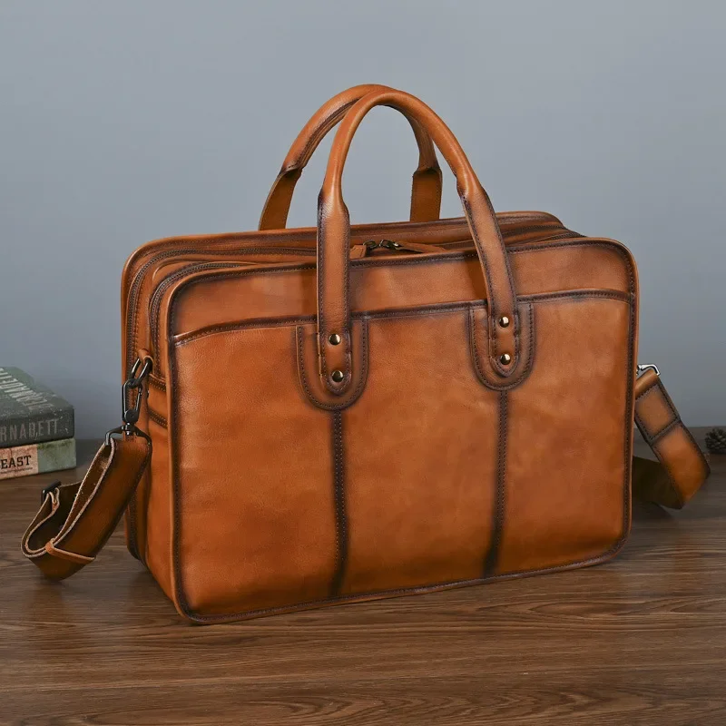 Genuine Leather Men's Briefcase with Multiple Compartments for Business