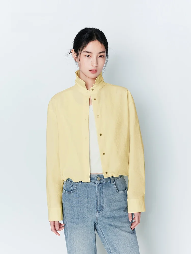 

Spring New Arrival Indicia Women's Yellow Short Shirt Casual Loose Fit Long Sleeve Button up Pure Color Commute Friendly