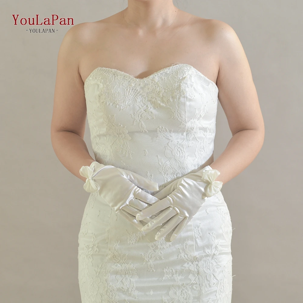 YouLaPan T31 Wrist-Length White Exquisite Gloves With Cute Mesh Bow And Pearl Decoration Suitable For Wedding Parties And Daily