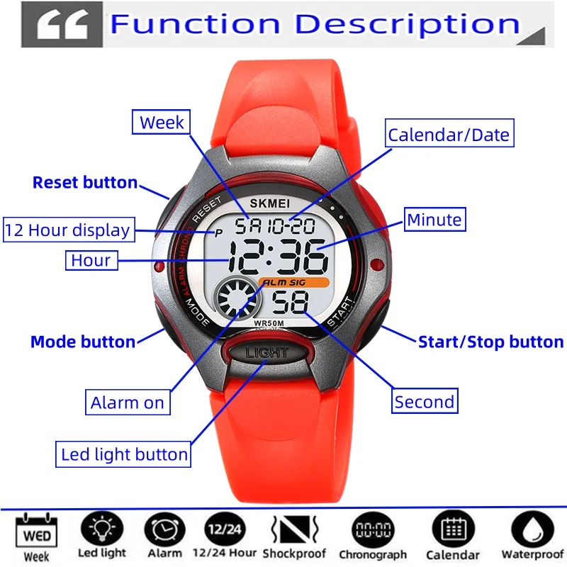Relojes deportivos impermeables marca Skmei para niños, reloj despertador con cronógrafo Digital LED, reloj de pulsera para niños de 12 a 24 horas, niños y niñas