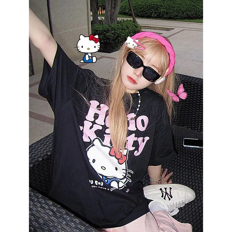 100% cotton Hello Kitty T-shirt American street hip hop fashion rebellious short sleeve fashion my melody large loose women's hi