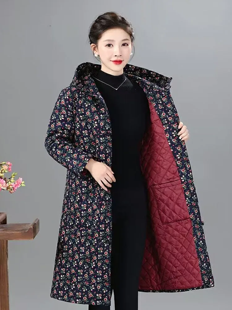 

Faionable Mid-Length Hooded Cotton Jaet for Older Women Floral Print Thi Winter Outerwear Casual Loose Sle Single-Bre...