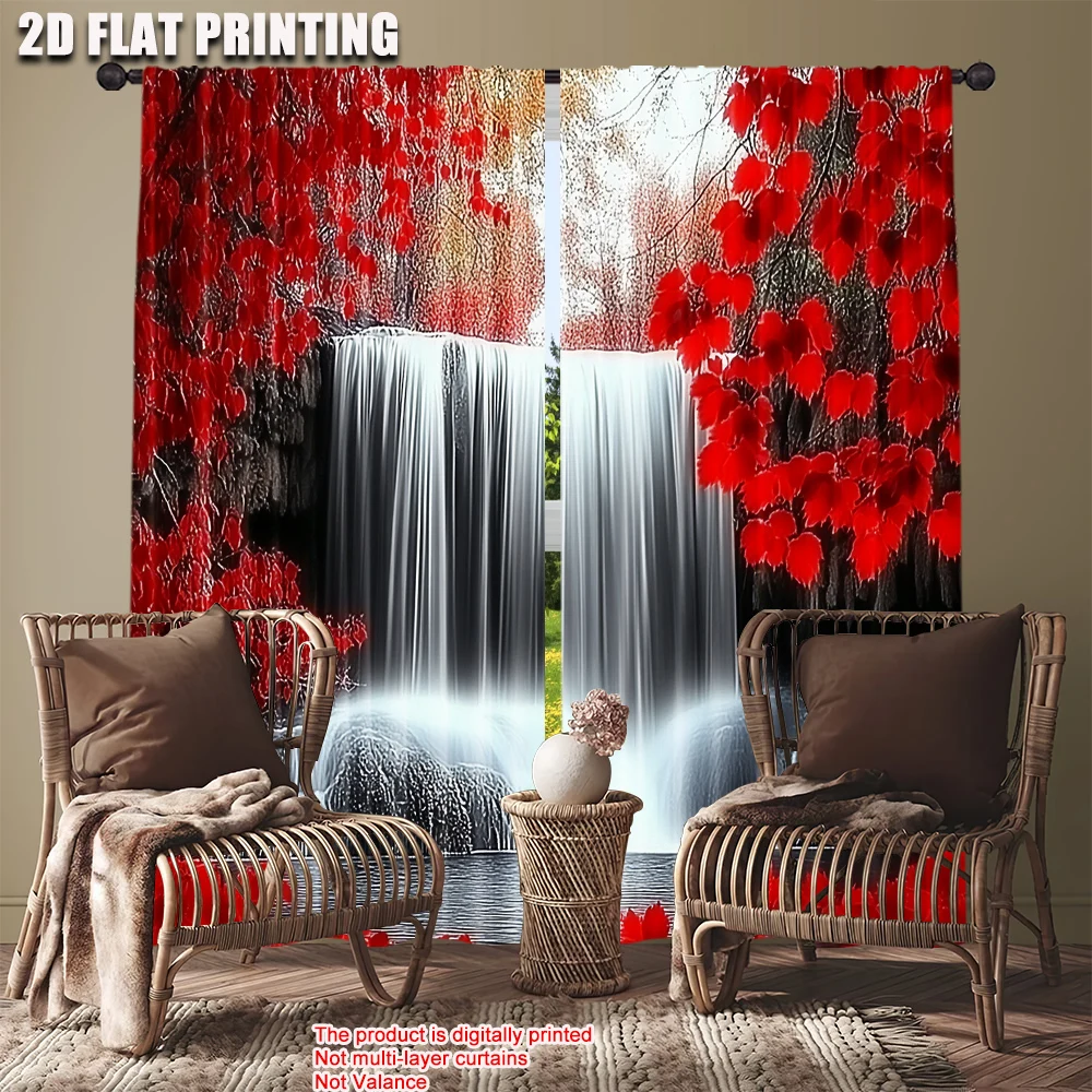 2pcs Red Maple Leaves Curtains Waterfall Nature Landscape Window Drapes Autumn Forest Scenic Art Decor Living Room Bedroom