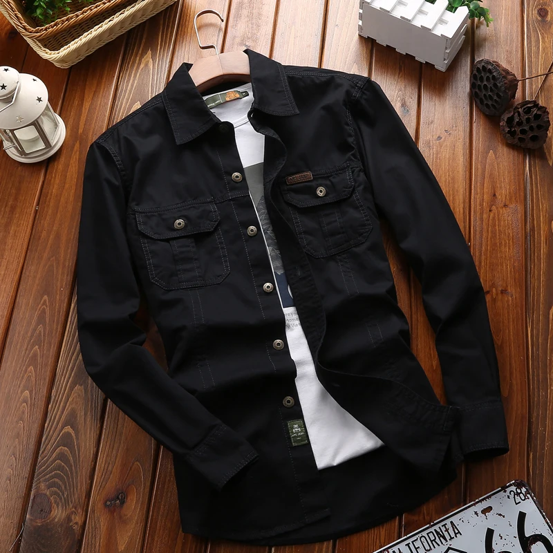 Spring and Autumn Men's Long sleeved Shirt Outdoor Leisure Cycling Sports Solid Color Flip Collar Top Retro Fashion Men's Coat