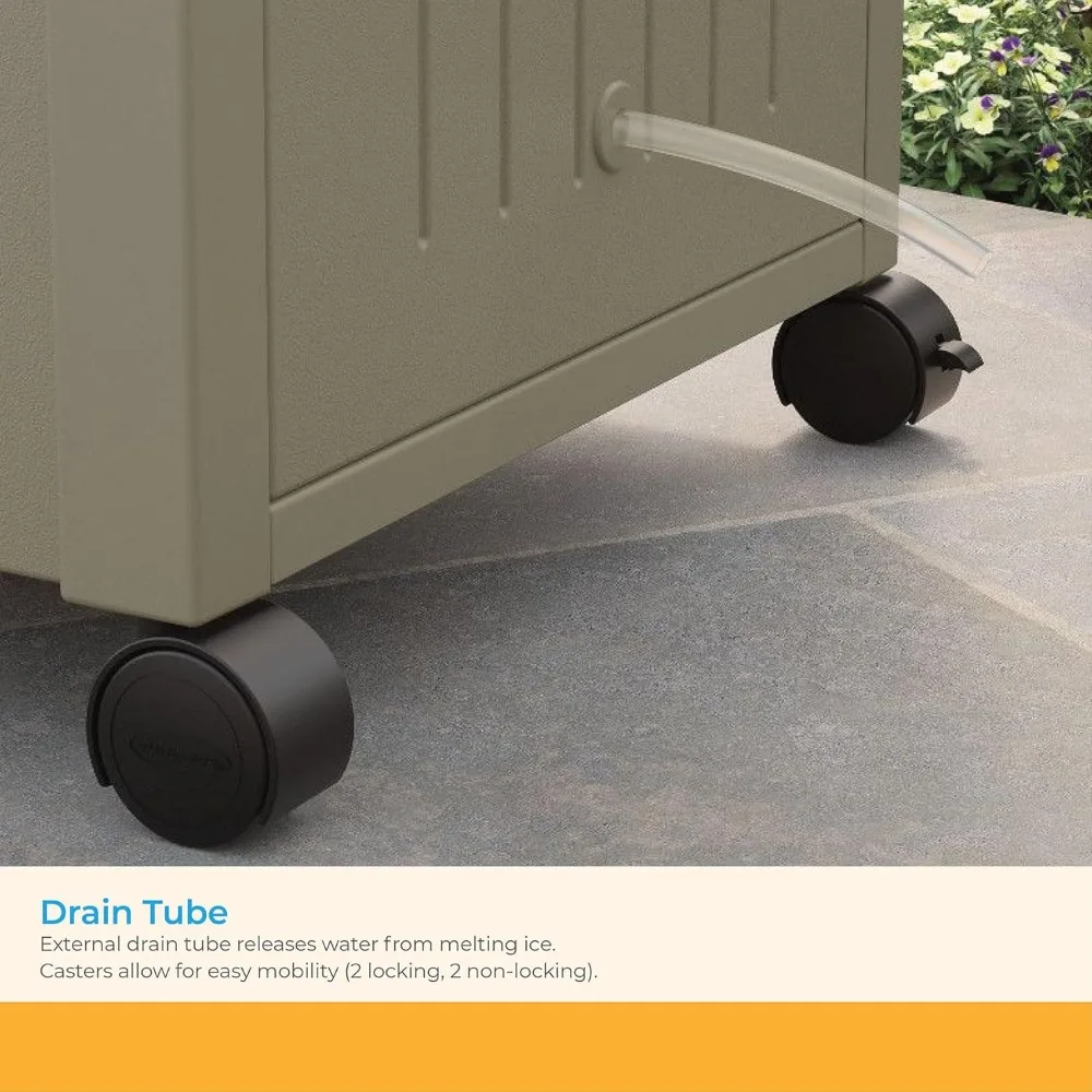 مبرد فناء خارجي بسعة 77 لتر من الراتنج مع عجلات، وغطاء مفصلي، وسلة تخزين مدمجة وخزانة - توصيل مجاني