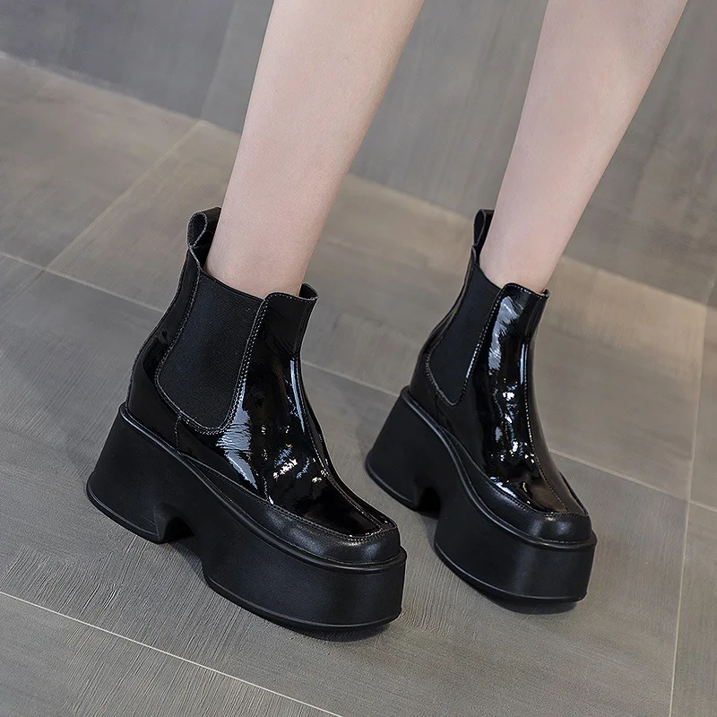 Fujin 6cm Patent Leather High Boots Mid Calf Ankle Punk Motorcycle Chelsea Boots Women Autumn Warm Fur Winter Elastic Band Shoes