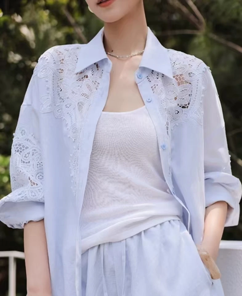 Camicette lunghe oversize in cotone 100% con perforazione a caldo con diamanti di design di marca di lusso per top cardigan a maniche lunghe autunnale da donna