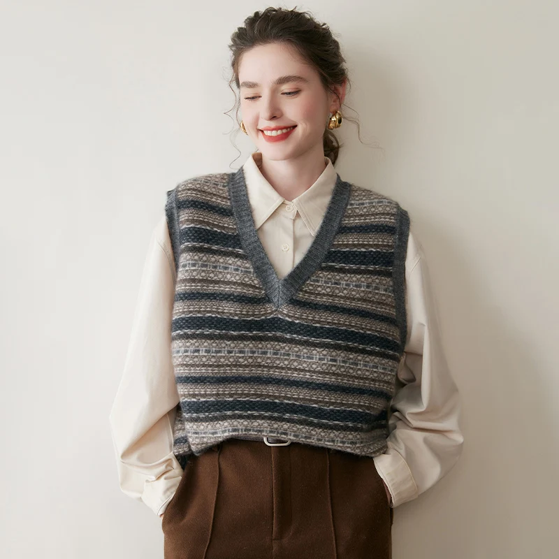 

2025 Women Cashmere Vest V-neck Pullovers Thick Fair Isle Sweater Waistcoat Autumn Winter 100% Cashmere Knitwear Sleeveless Tops