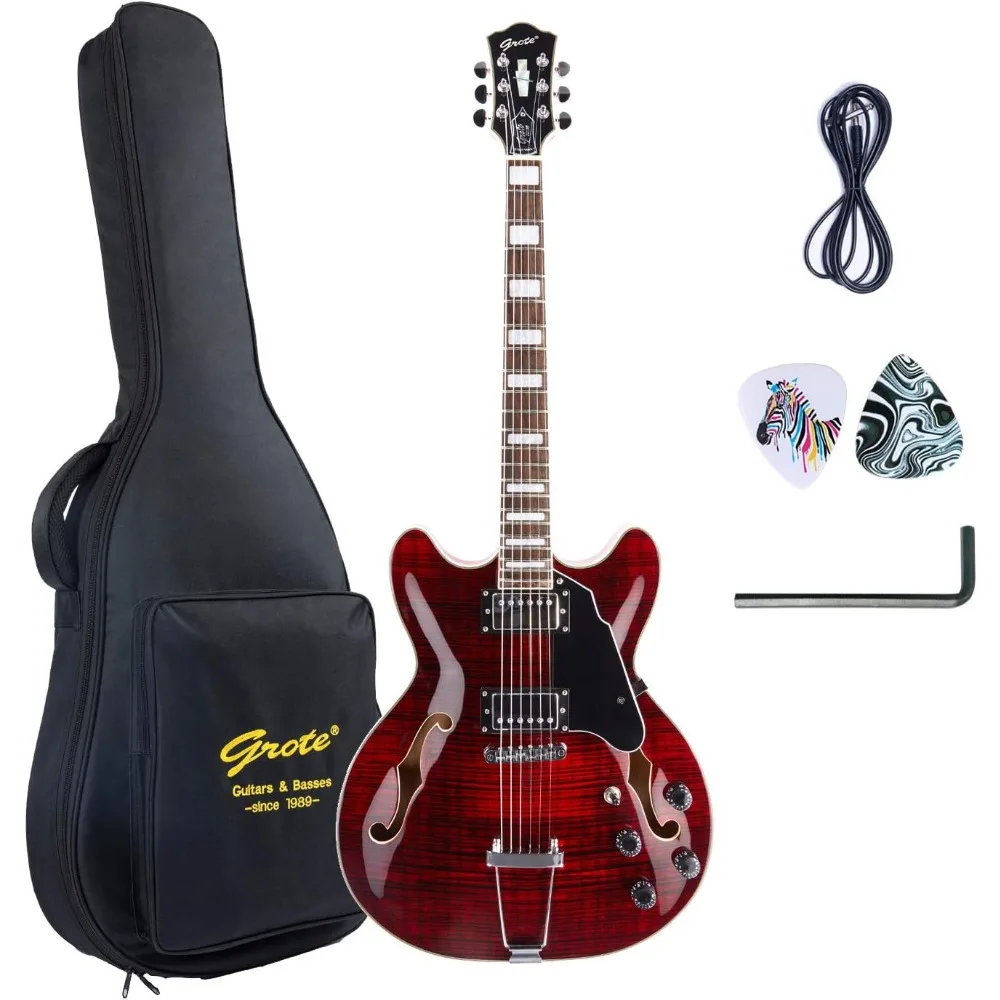 

Jazz Electric Guitar Semi-Hollow Body Trapeze Tailpiece Bridge Guitar Gig Bag (RED) Acoustic Guitars Professional High Quality V