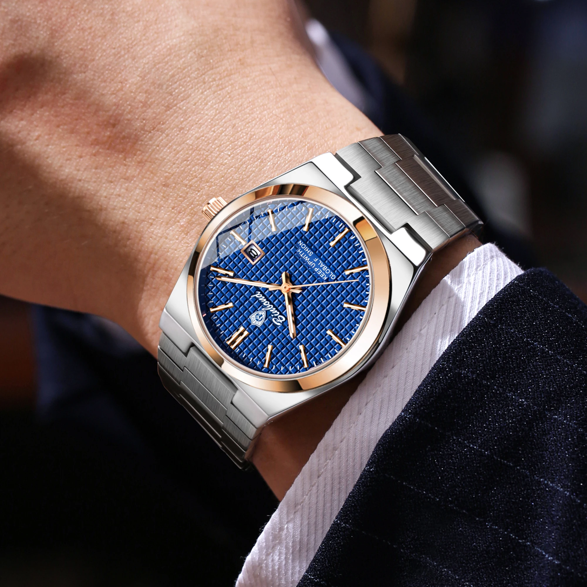 BINBOND Watches for Man Luxury Auto Date Luminous 3AT Stainless Steel Bracelet Scratch Resistant Hardlex B1128 Quartz Wristwatch