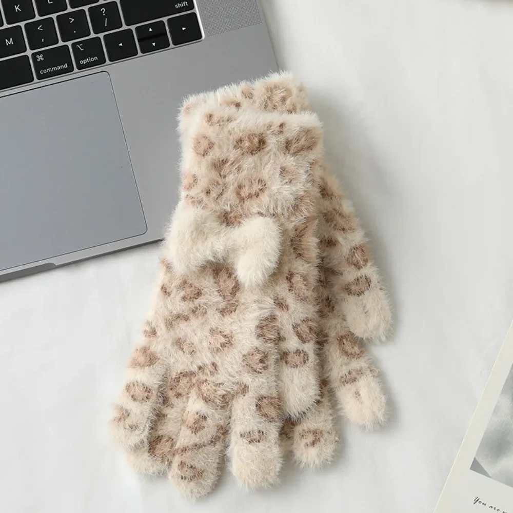 New Mink Velvet Five Finger Gloves Keep Warm Cold-proof Gloves Leopard Print Bow Gloves Women