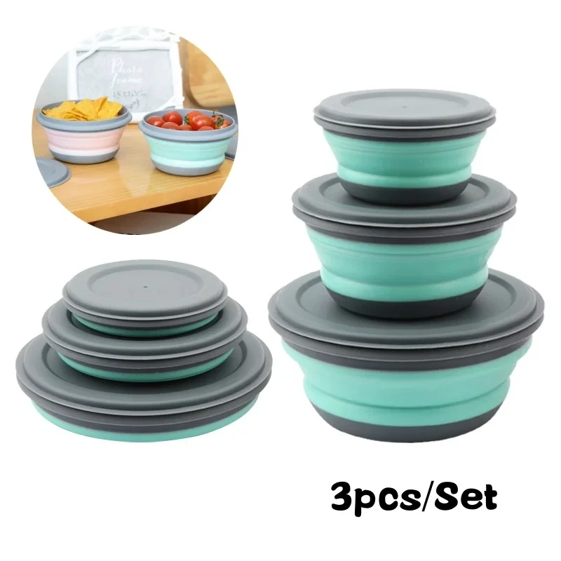 Portable Folding Lunch Box Bowl Sets Silicone 3Pcs/Set Food Container Outdoor Camping Tableware Set Foldable Salad Bowl with Lid