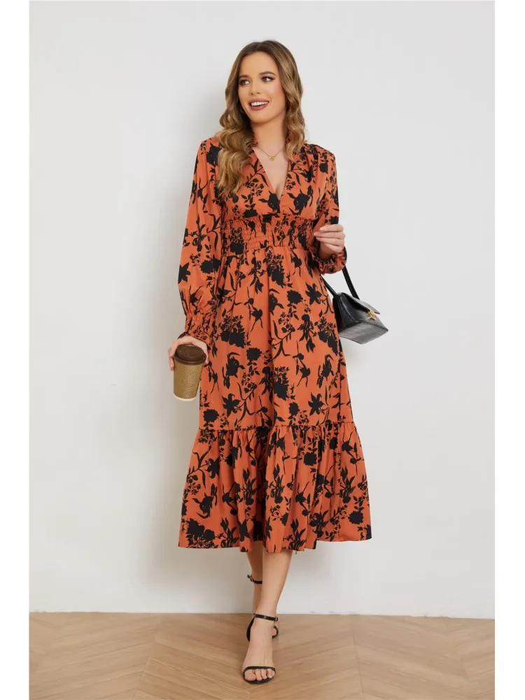 مزاجه الخامس الرقبة موضة فساتين طويلة الأزهار عالية الخصر سليم كم طويل فستان مُزين بطباعة جديد بوهيميا فساتين غير رسمية للنساء